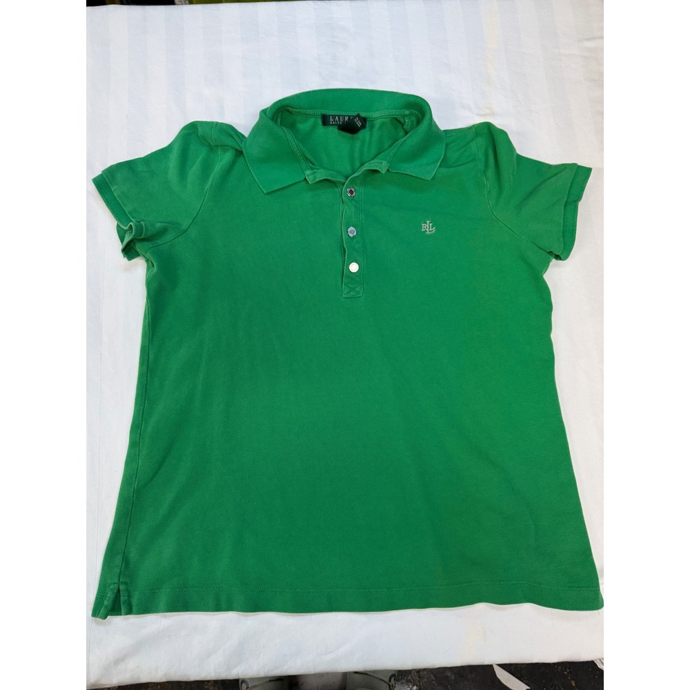 VTG Lauren Ralph Lauren Cotton Polo Top Green Label RLL Logo L Metal Button